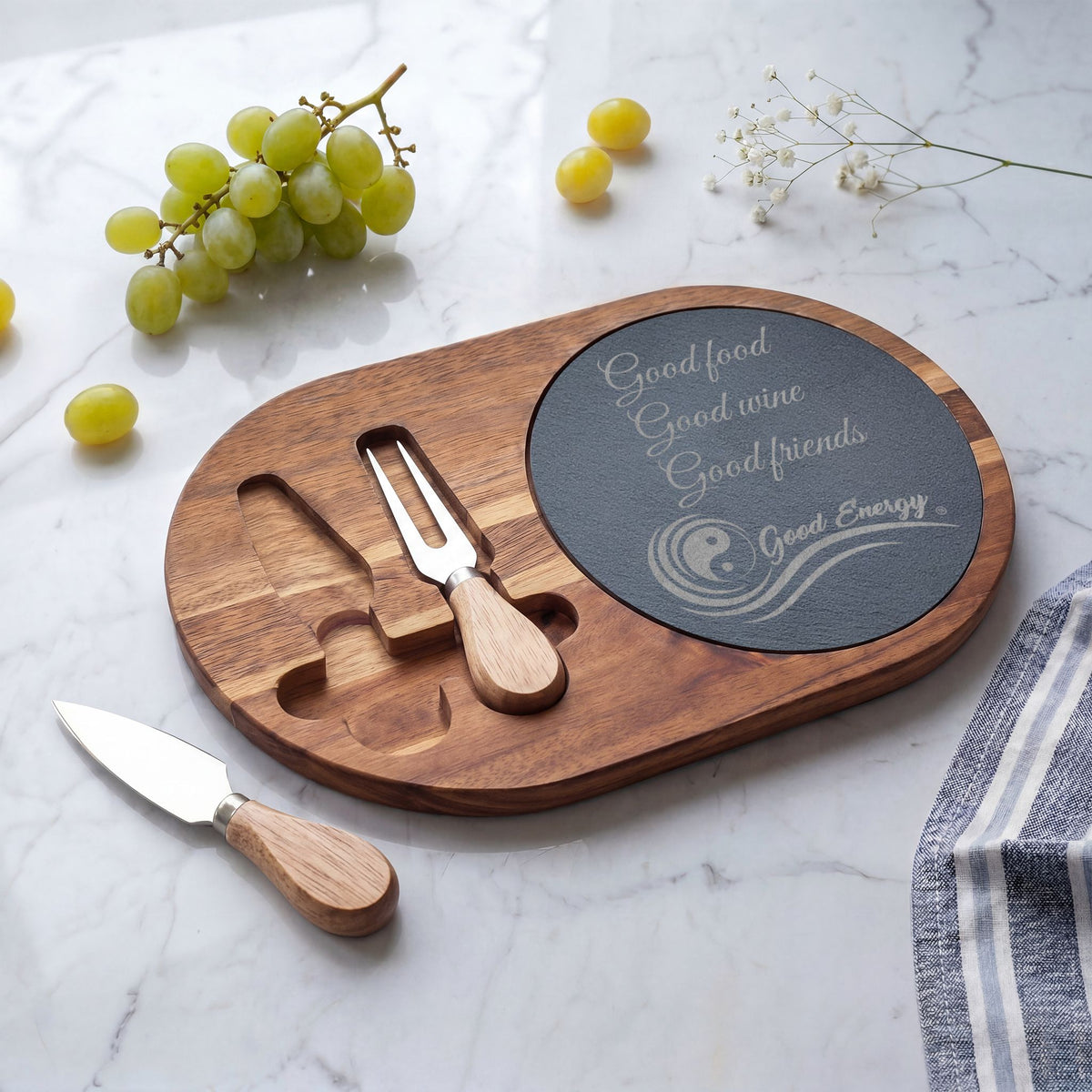 Good Energy Engraved Charcuterie Board Set – “Good Food, Good Wine, Good Friends.”
