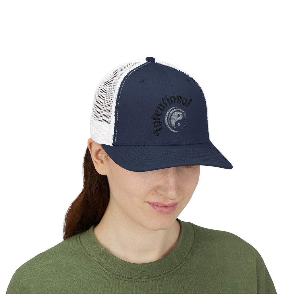 "Intentional" Good Energy Inspirational Snapback Trucker Cap, Stylish Hat, Casual Wear, Gift for Her, Summer Accessory, Outdoor Fun