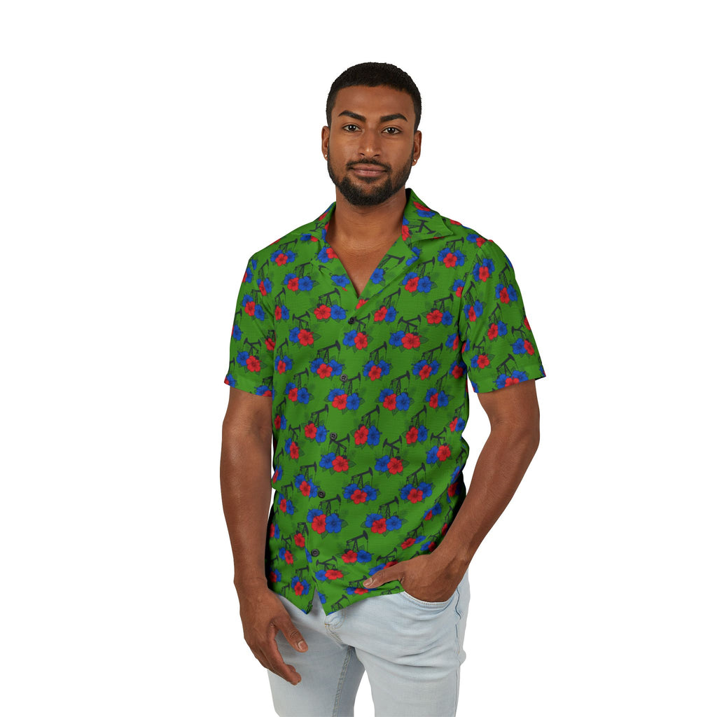 Tropical Floral Oilfield Hawaiian Shirt - Green & Red AOP Camp Shirt
