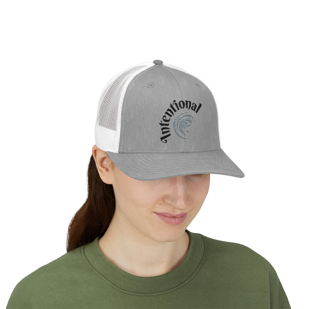 "Intentional" Good Energy Inspirational Snapback Trucker Cap, Stylish Hat, Casual Wear, Gift for Her, Summer Accessory, Outdoor Fun