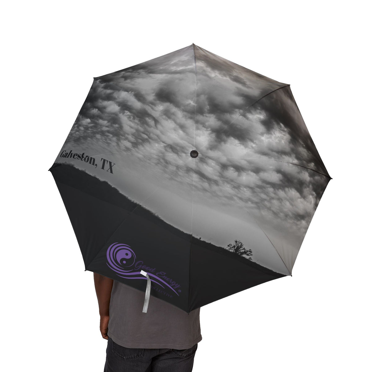 Good Energy Signature Series Foldable Umbrella – Black & White Cloud Photo Design (Semi-Automatic)