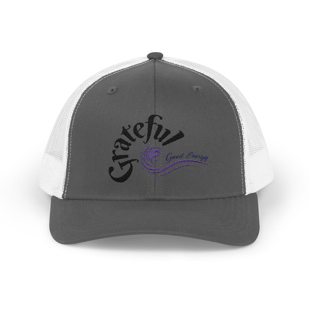 Grateful Good Energy Trucker Cap — Retro Script Heartwave Snapback