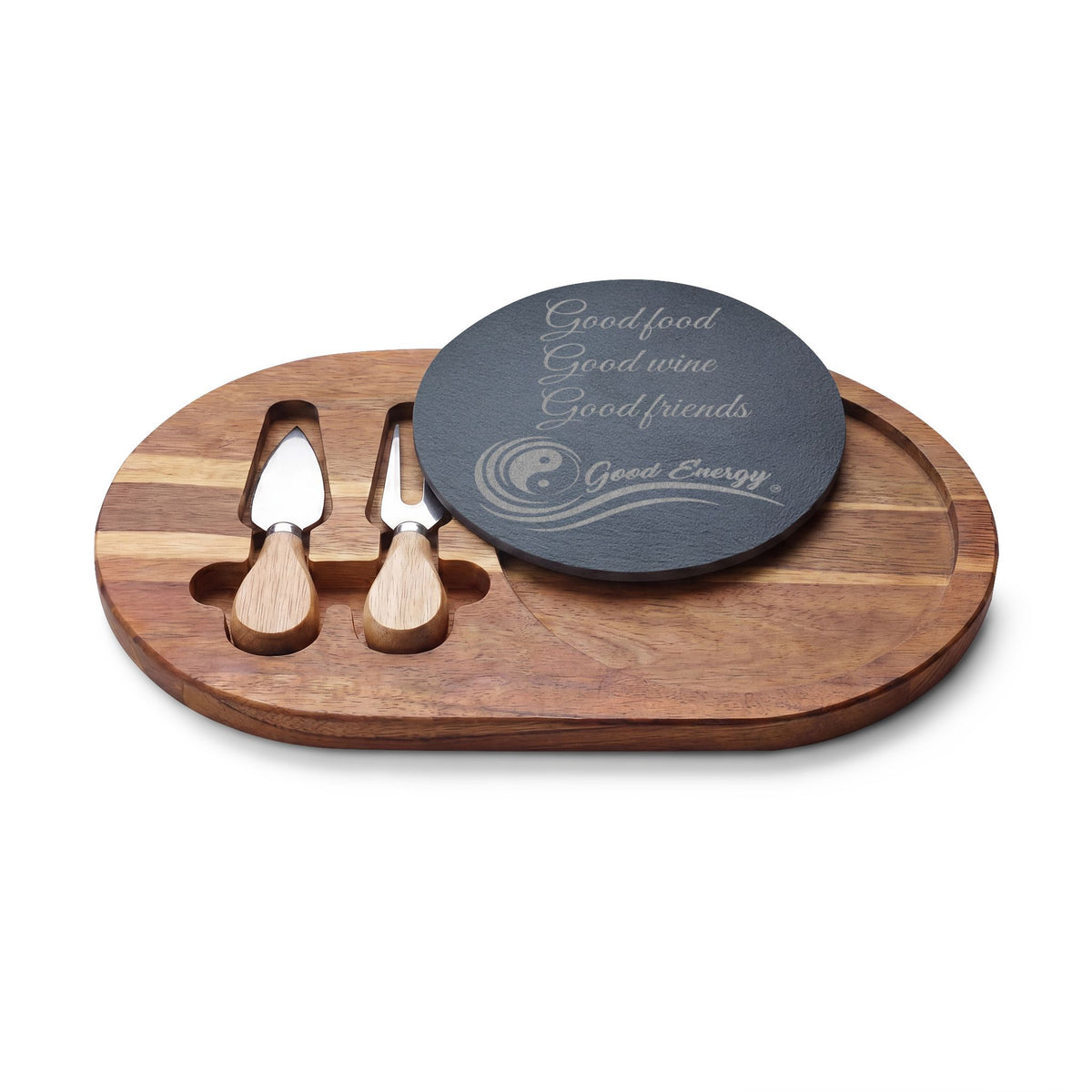 Good Energy Engraved Charcuterie Board Set – “Good Food, Good Wine, Good Friends.”