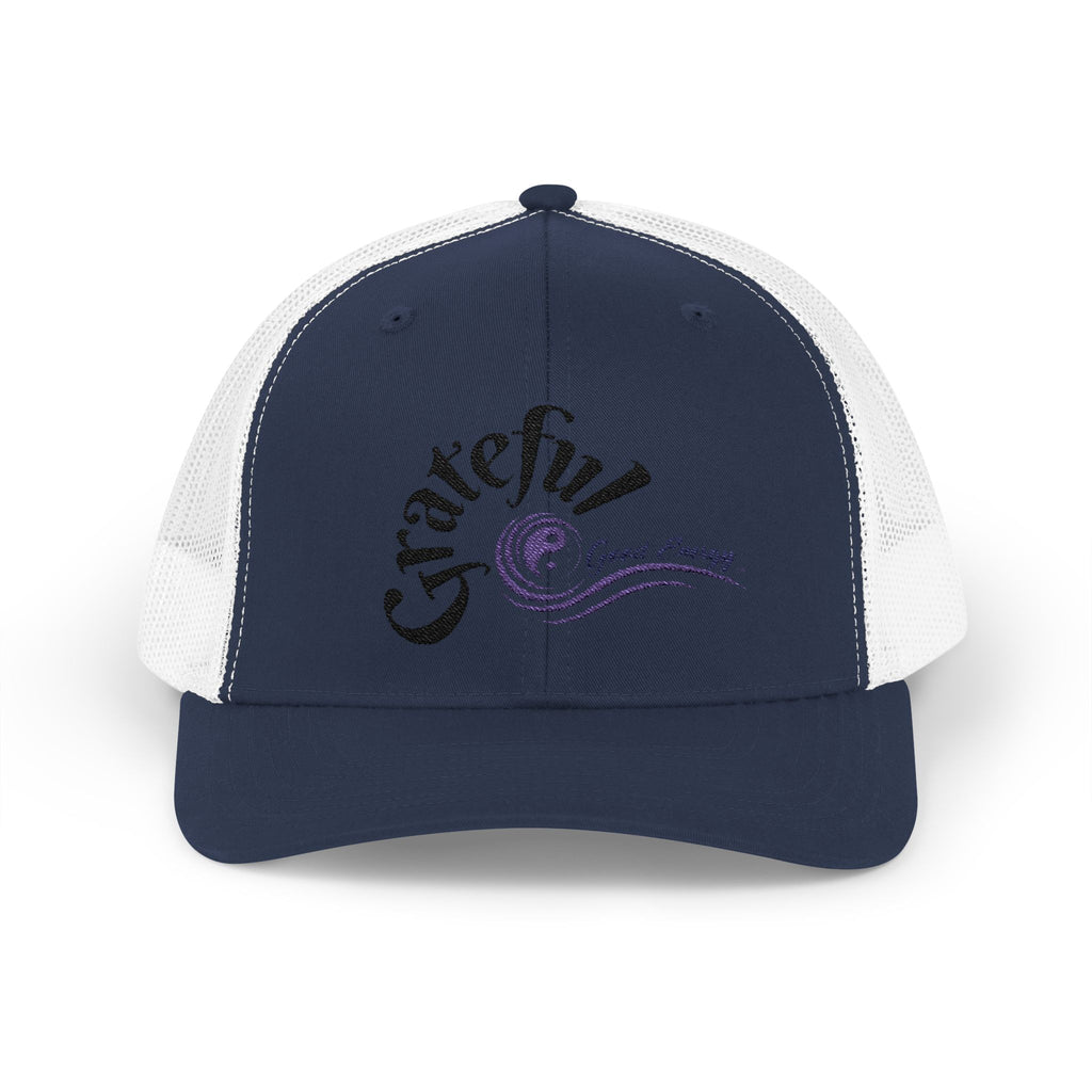 Grateful Good Energy Trucker Cap — Retro Script Heartwave Snapback
