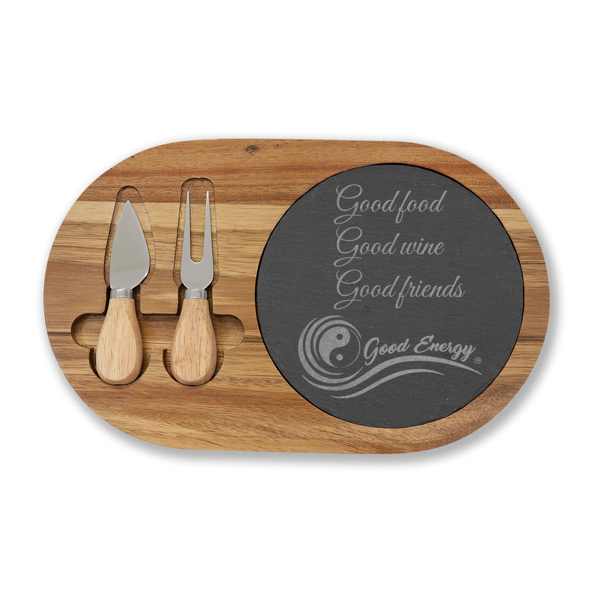 Good Energy Engraved Charcuterie Board Set – “Good Food, Good Wine, Good Friends.”