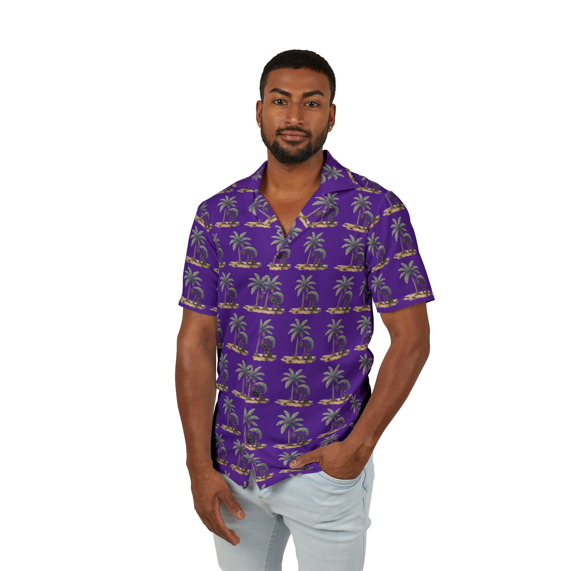 Purple Palm Print Hawaiian Shirt — Men’s Camp Shirt, Tropical Luau Vacation Top