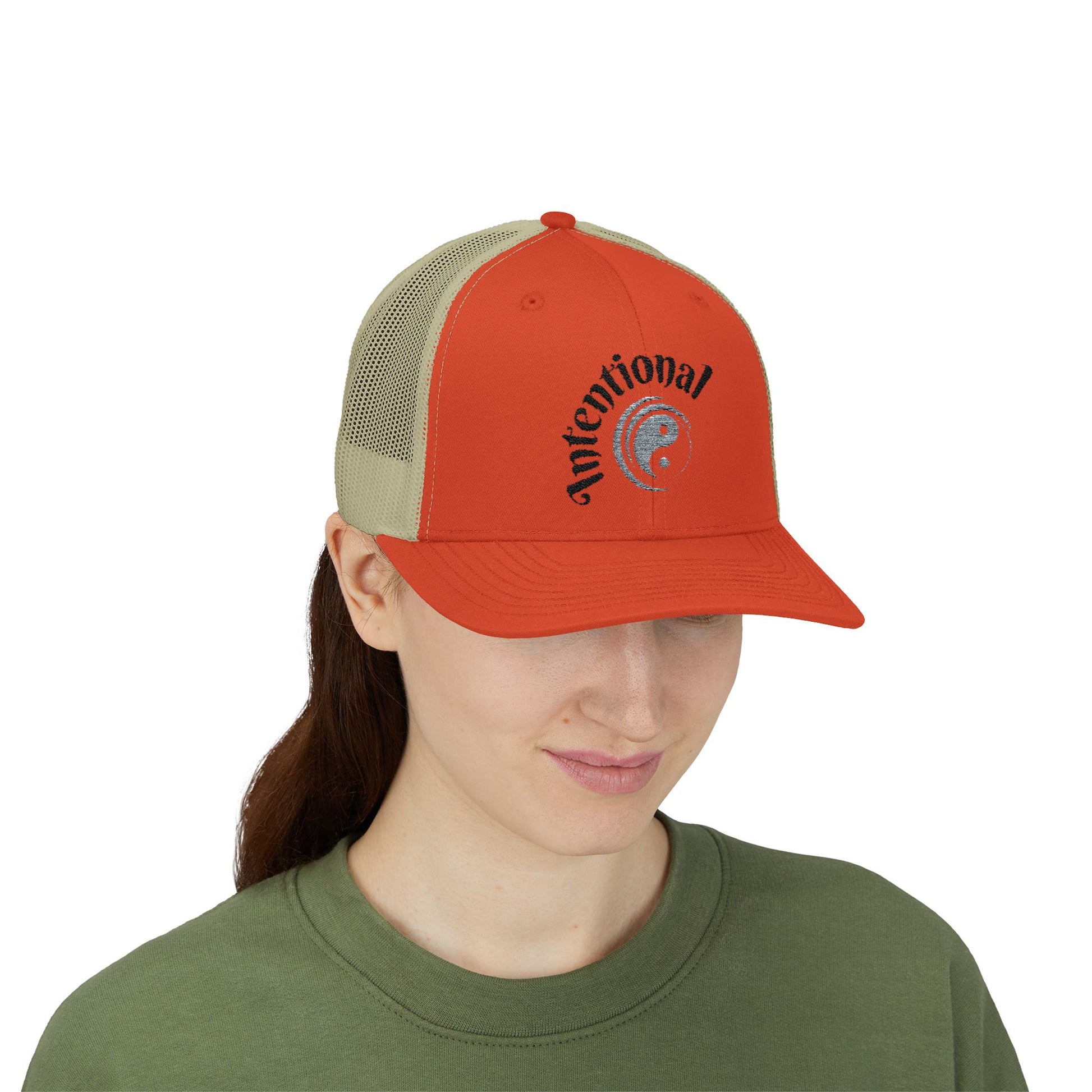 "Intentional" Good Energy Inspirational Snapback Trucker Cap, Stylish Hat, Casual Wear, Gift for Her, Summer Accessory, Outdoor Fun