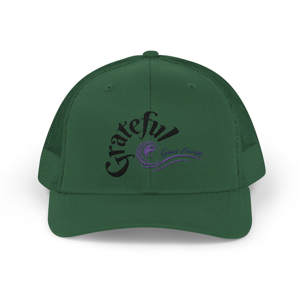 Grateful Good Energy Trucker Cap — Retro Script Heartwave Snapback