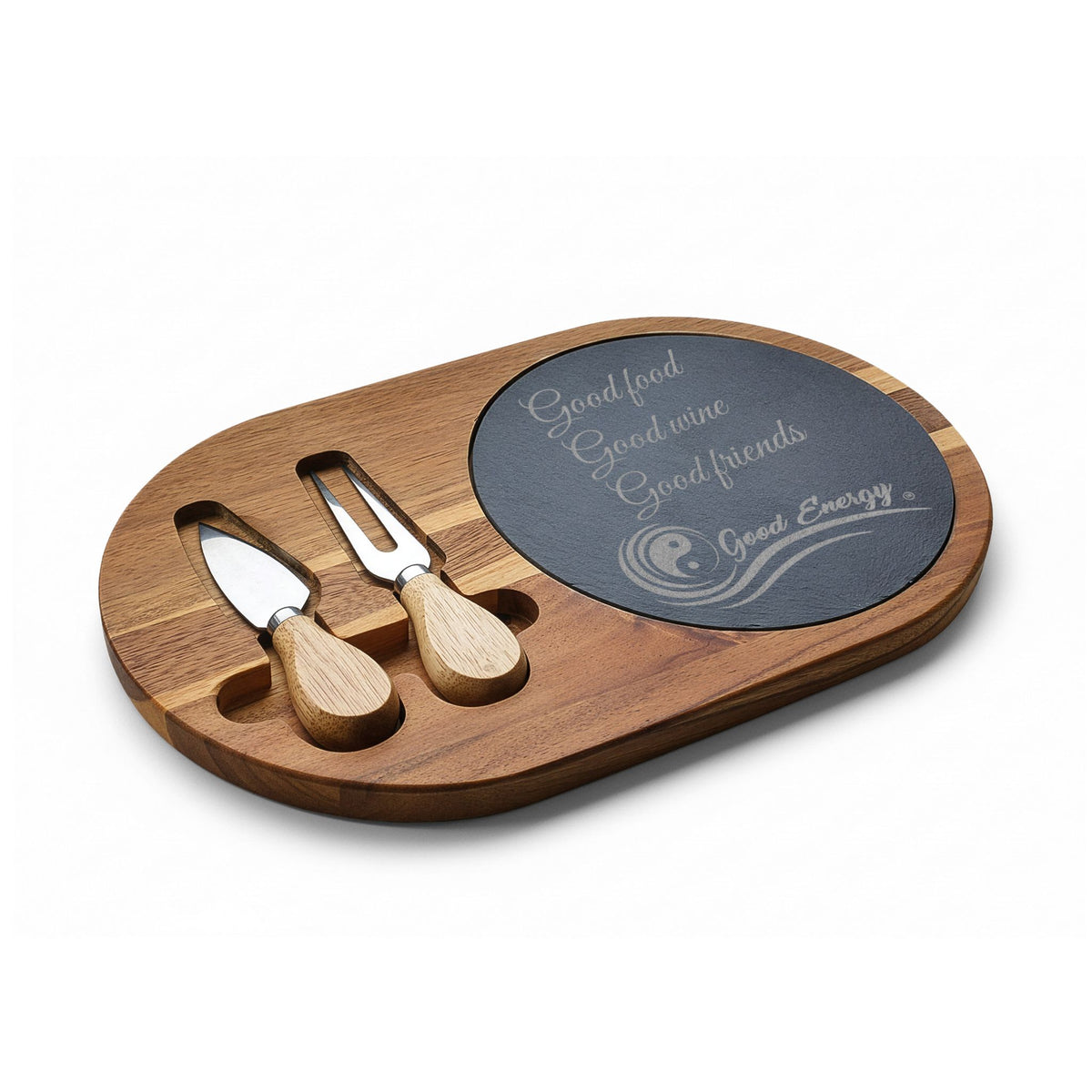 Good Energy Engraved Charcuterie Board Set – “Good Food, Good Wine, Good Friends.”