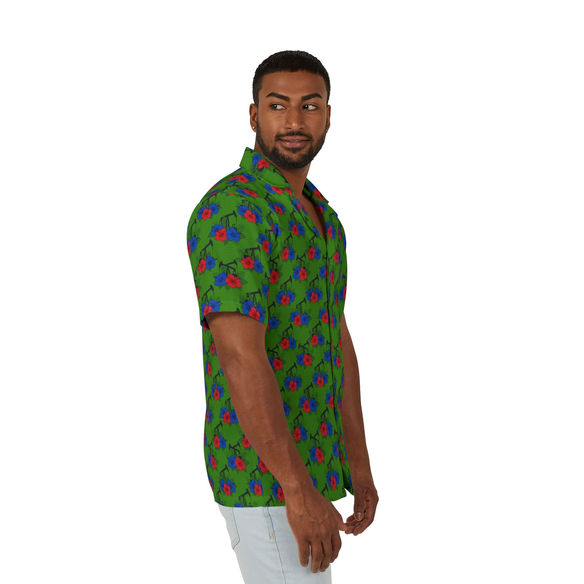 Tropical Floral Oilfield Hawaiian Shirt - Green & Red AOP Camp Shirt