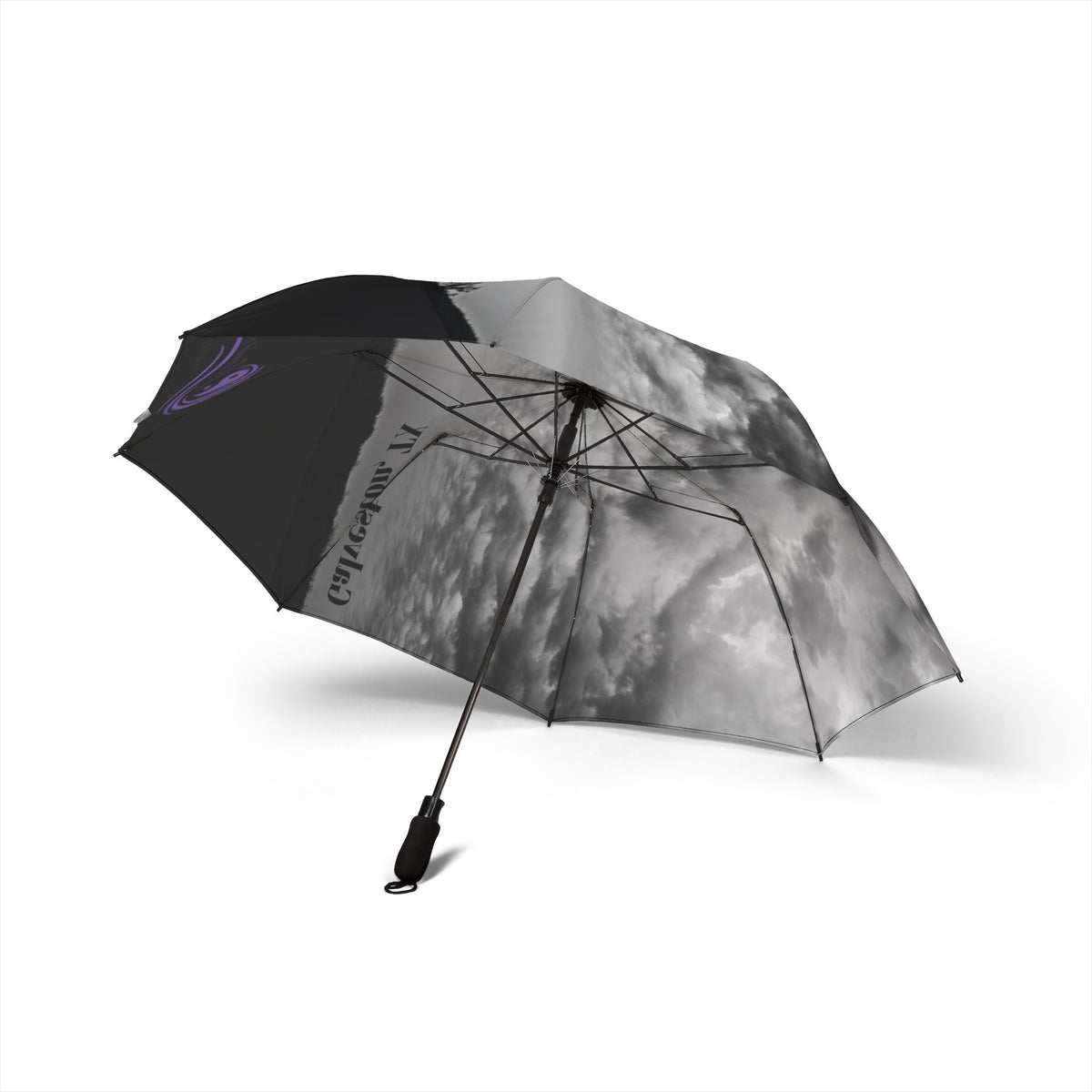 Good Energy Signature Series Foldable Umbrella – Black & White Cloud Photo Design (Semi-Automatic)