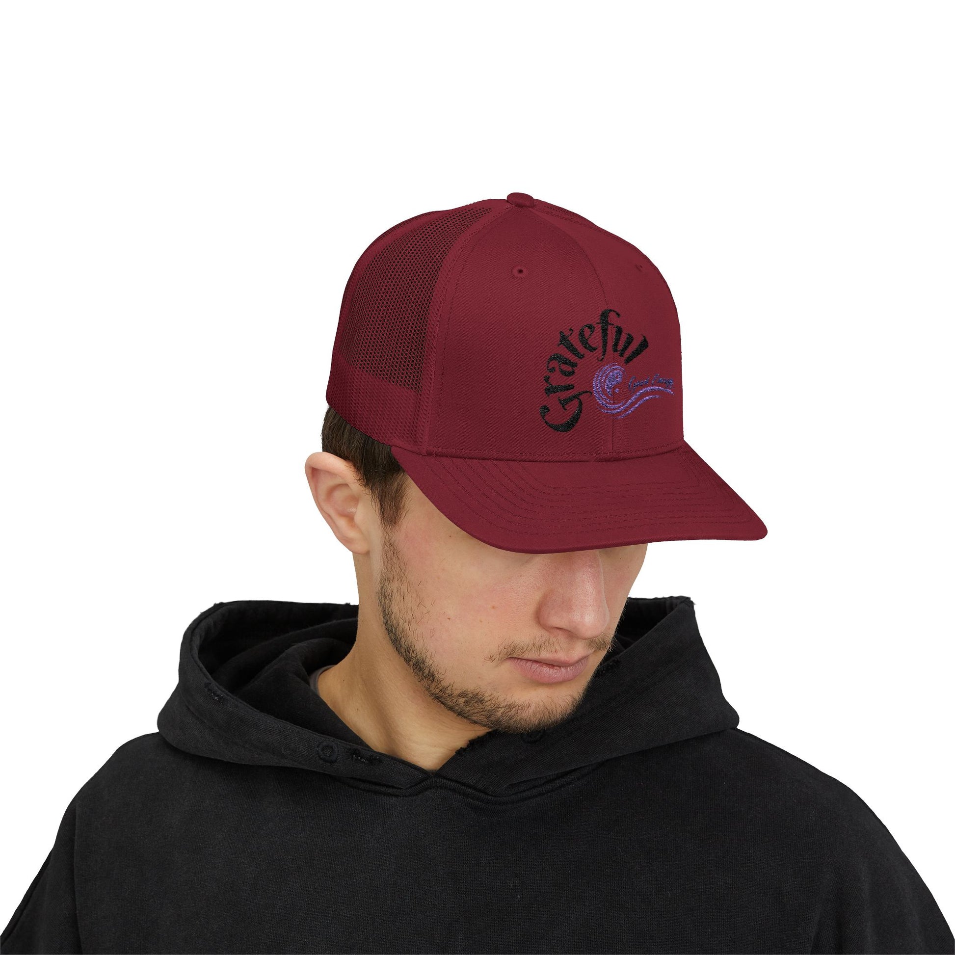 Grateful Good Energy Trucker Cap — Retro Script Heartwave Snapback